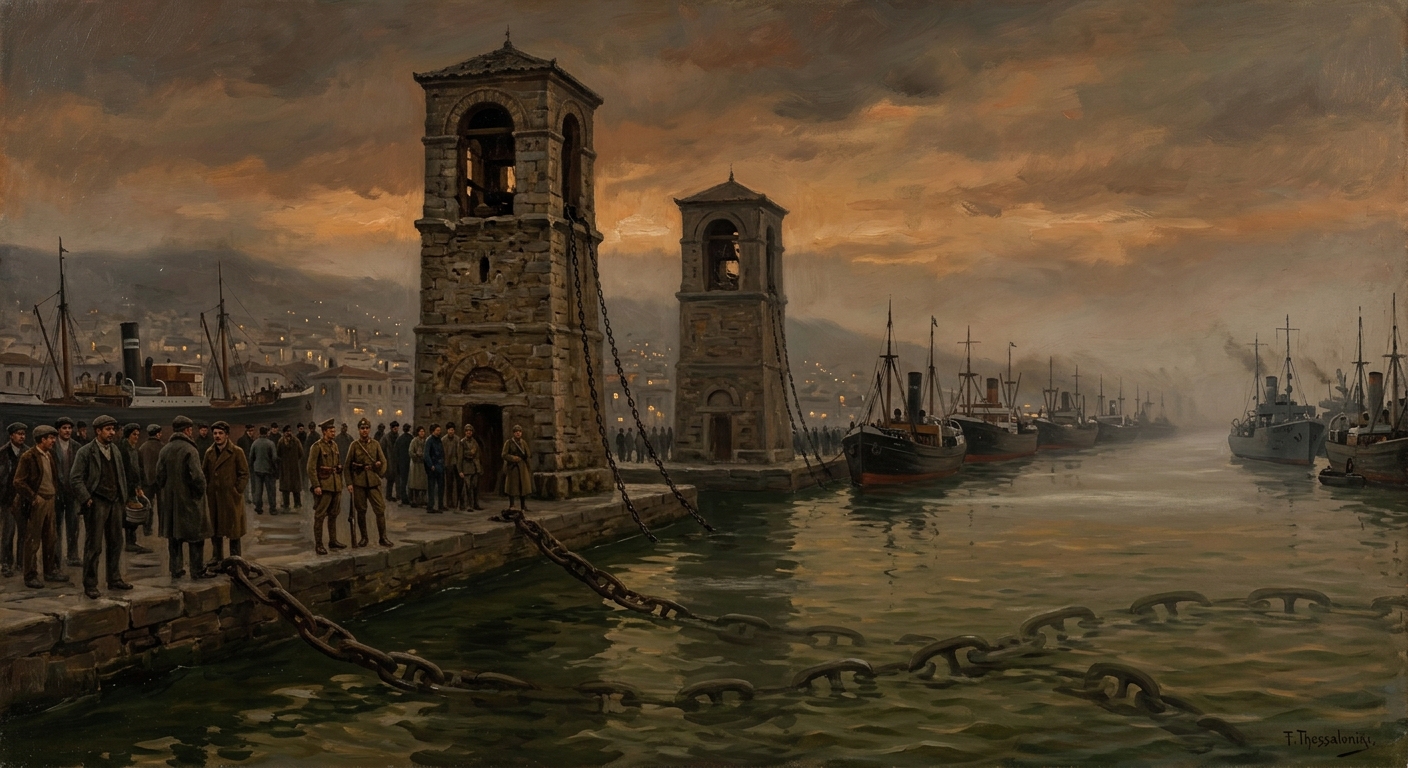 Thessaloniki harbour at dusk during the Silence, the twin chain towers looming over frozen shipping queues and fog-shrouded water