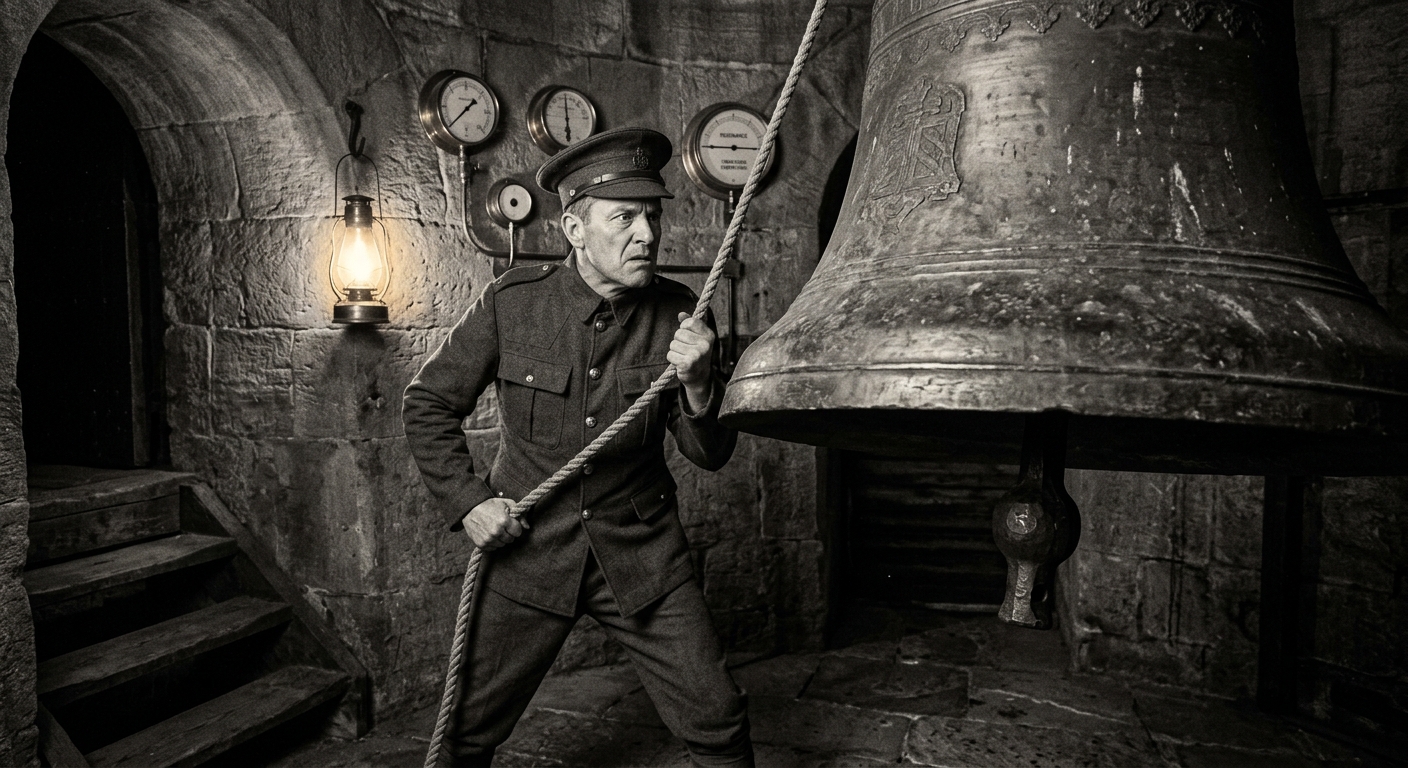 Bell-Warden Pell in the Elder Tower crown-chamber, rope in both hands, facing the bronze bell that refuses to sound