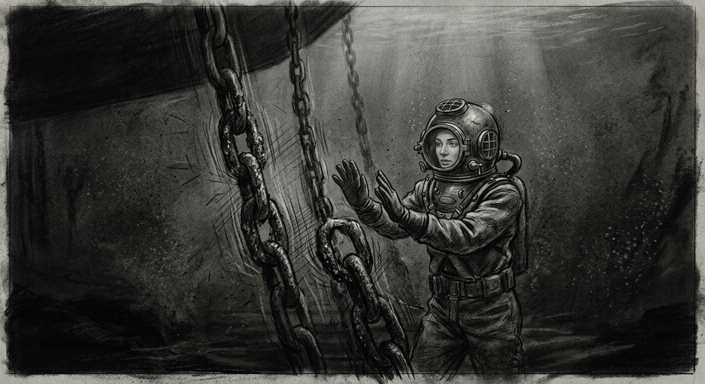 Diver-Matron Sera pressing her hands to the vibrating harbour chain-links during the three nights of silence above
