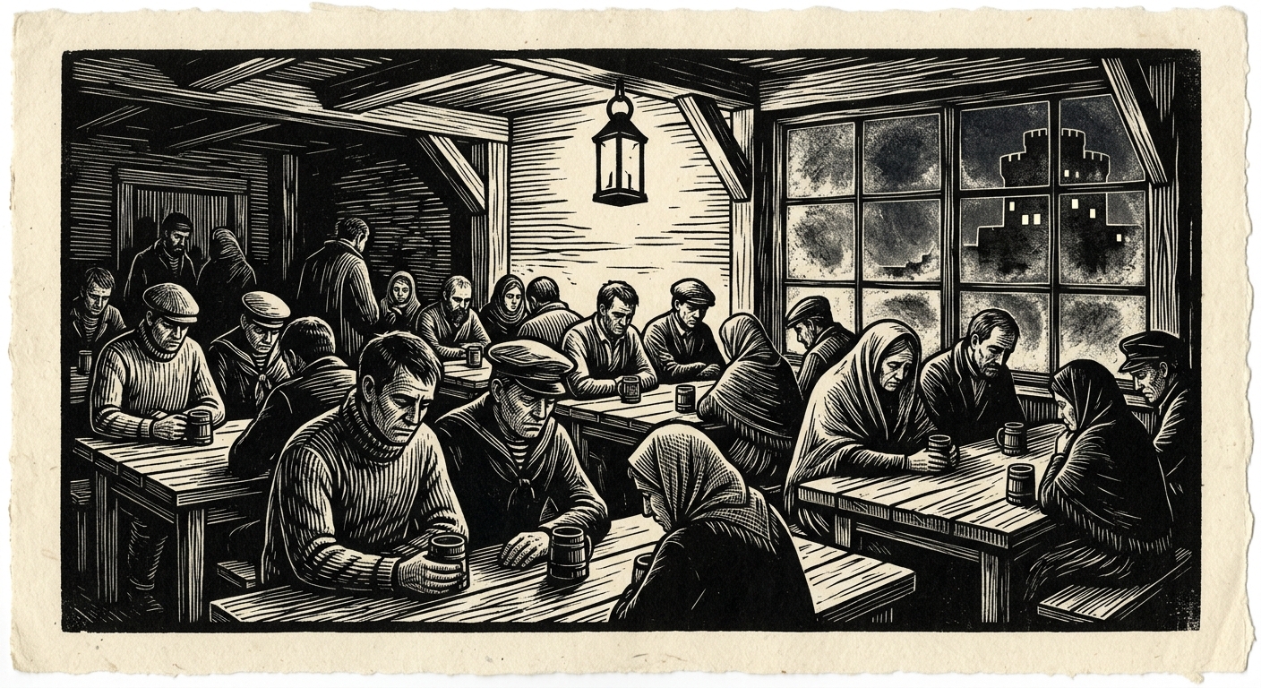 Thessaloniki's Drowned Row tavern during the Night of Quiet Bells, dockworkers and families seated in voluntary silence