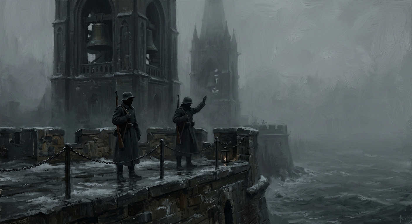 The Sea Wall at Bastion-Königsberg in the Grey — sentries silhouetted on the ramparts, a half-raised arm saluting empty Baltic fog, the Northern Carillon towers behind