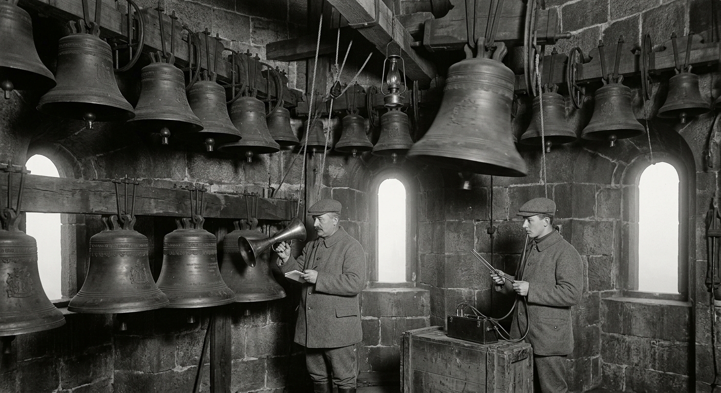 The Northern Carillon bell-chamber at Königsberg — forty-one Prussian gun-bronze bells, Bureau of Bells technicians with instruments, grey fog through the slit windows