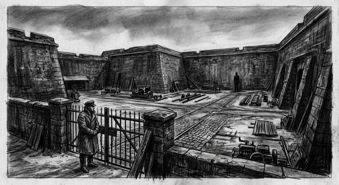 The Frost Yards at Königsberg — a still form at the far end facing northeast, the custodian watching from the gate, diffuse grey light from no single direction