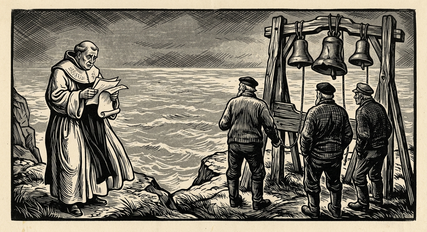 Three Scandinavian elders beside an archaic bell-frame on a fjord cliff, facing the grey Baltic water, a Concordat Prior at the edge holding papers he cannot interpret