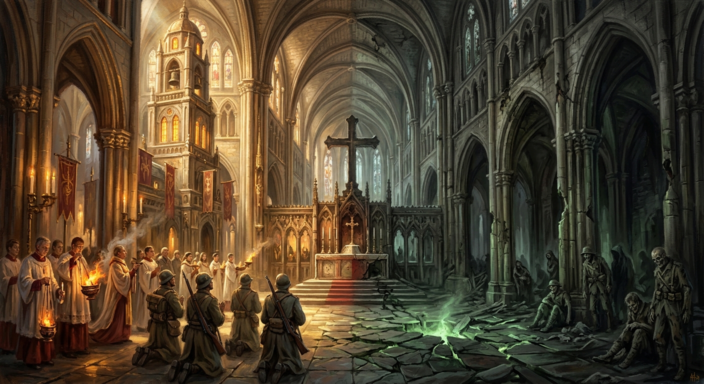 A cathedral nave split at the high altar — the left half ablaze with miraculous light and robed choirs, the right half consumed by grey sorcerous rot, both sides sharing the same vaulted ceiling