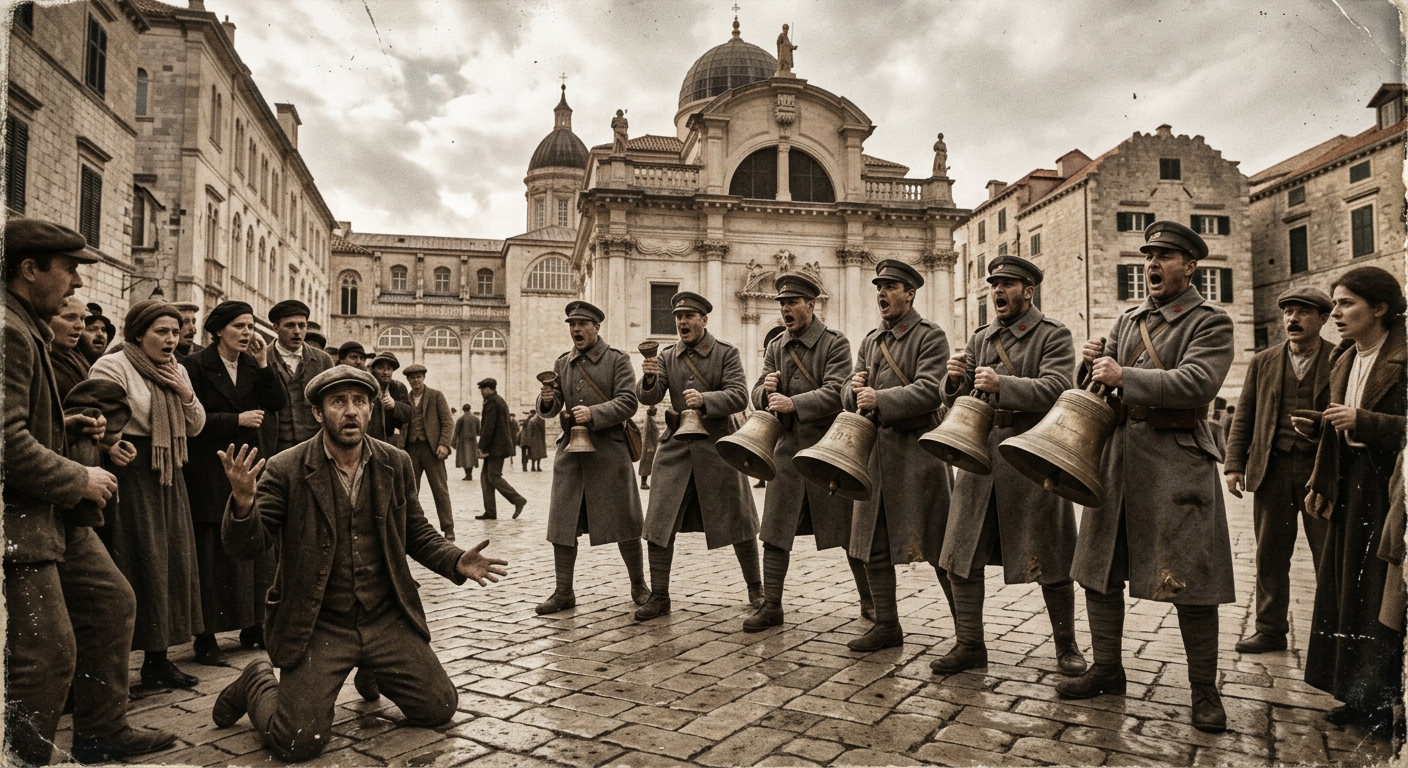 A Warden bell-team in grey greatcoats rings bronze bells in a public square at Ragusa, a mob frozen mid-motion before them