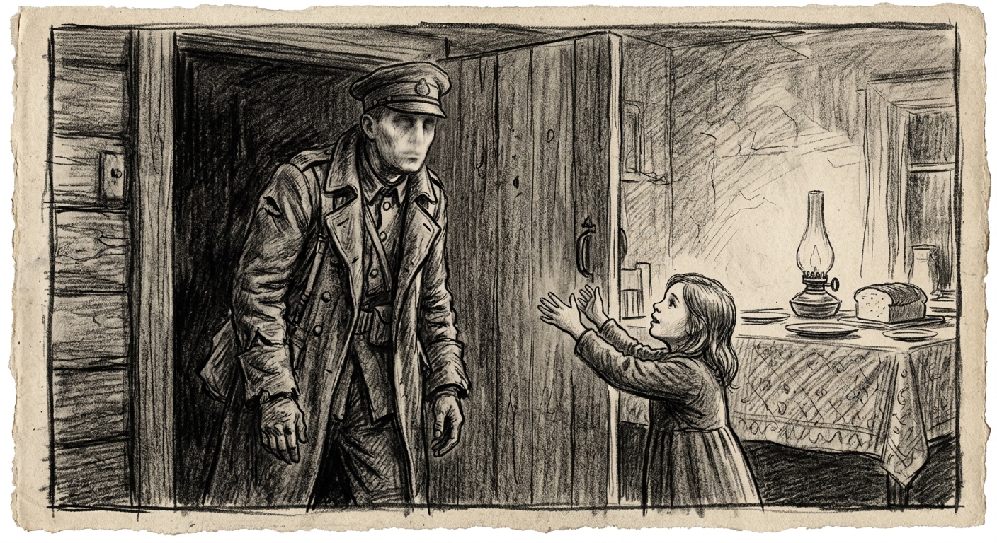 A soldier in WWI uniform stands in a doorway, his young daughter reaching up to him, his face blank — the name gone from him after relic-use