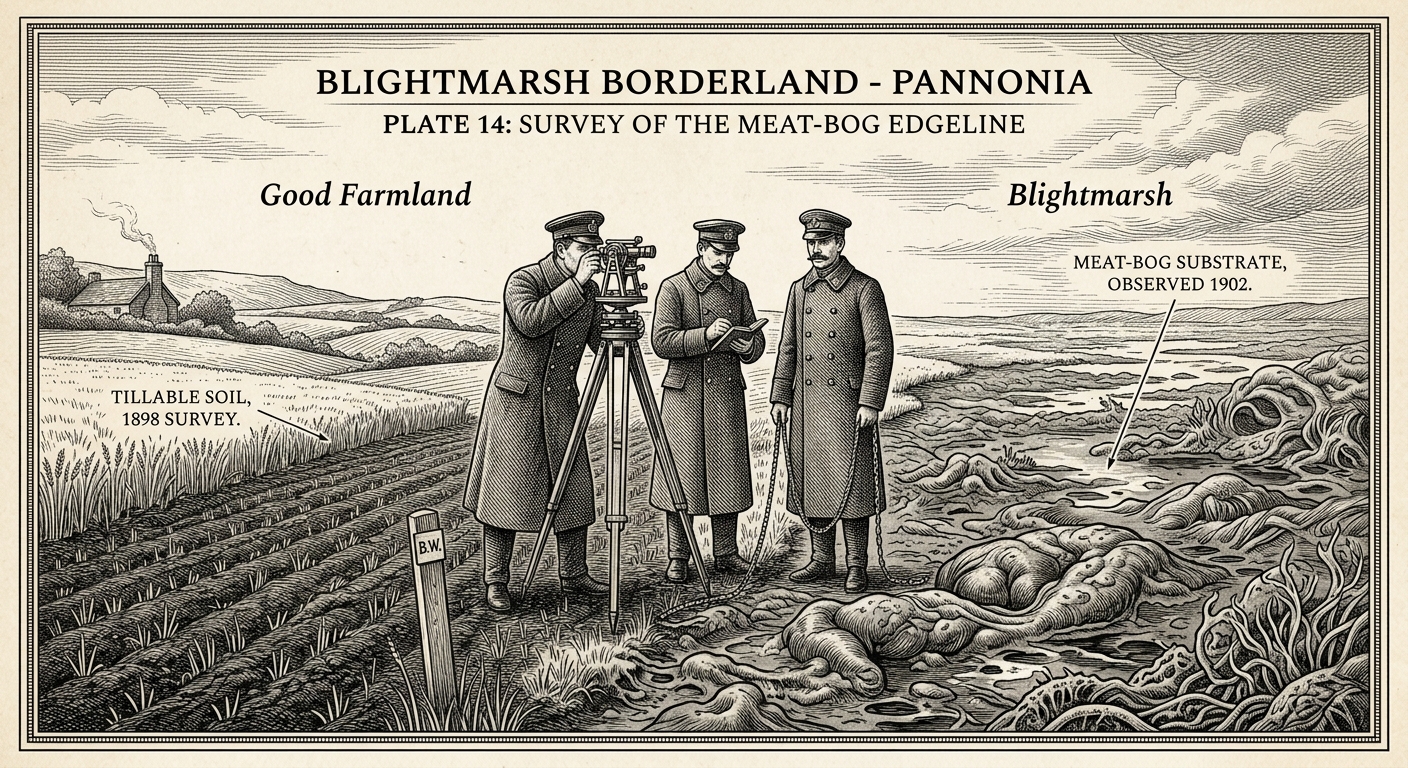 Bureau of War surveyors with measuring chains at the exact border between good Pannonian farmland and the Blightmarsh meat-bog