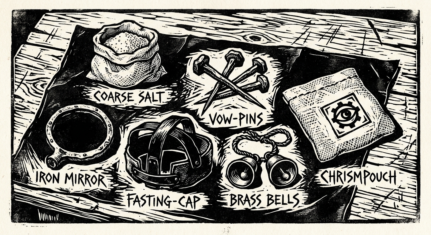 A Synod counter-measures field kit laid out on oilskin — salt, iron mirror, vow-pins, bells, fasting-cap, chrism pouches stamped with the Bureau of Rites seal