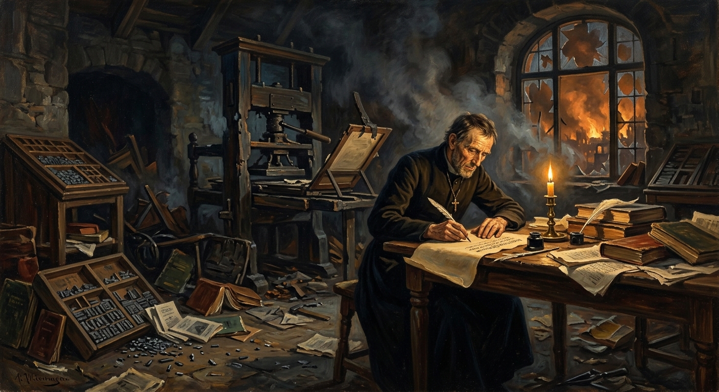 Augustinus of Mainz writing the Common Allegiance by candlelight in a ruined Palatinate printing-house