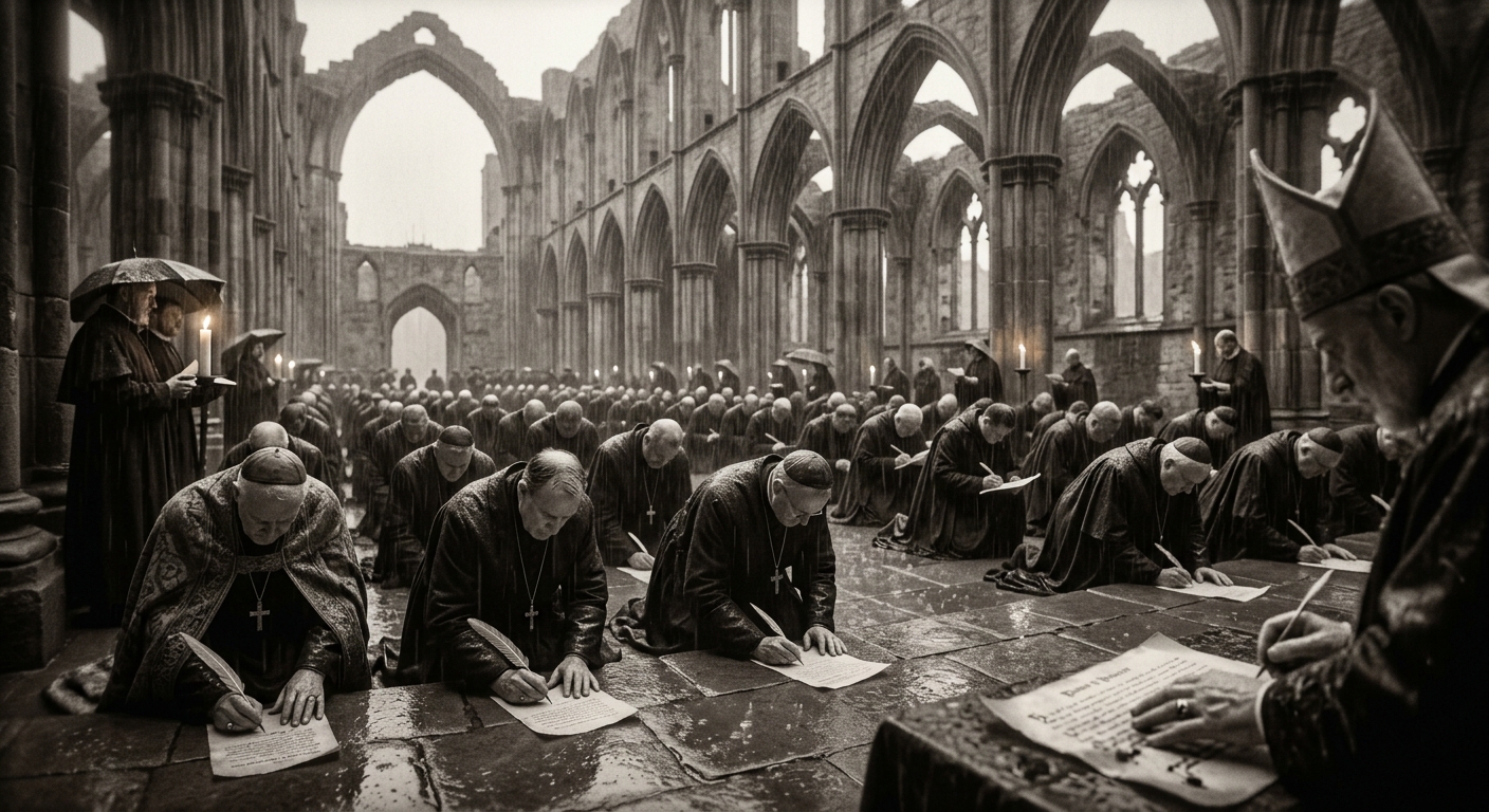 Three hundred clergy signing the Common Allegiance in the roofless Worms Cathedral, rain falling through the broken vault