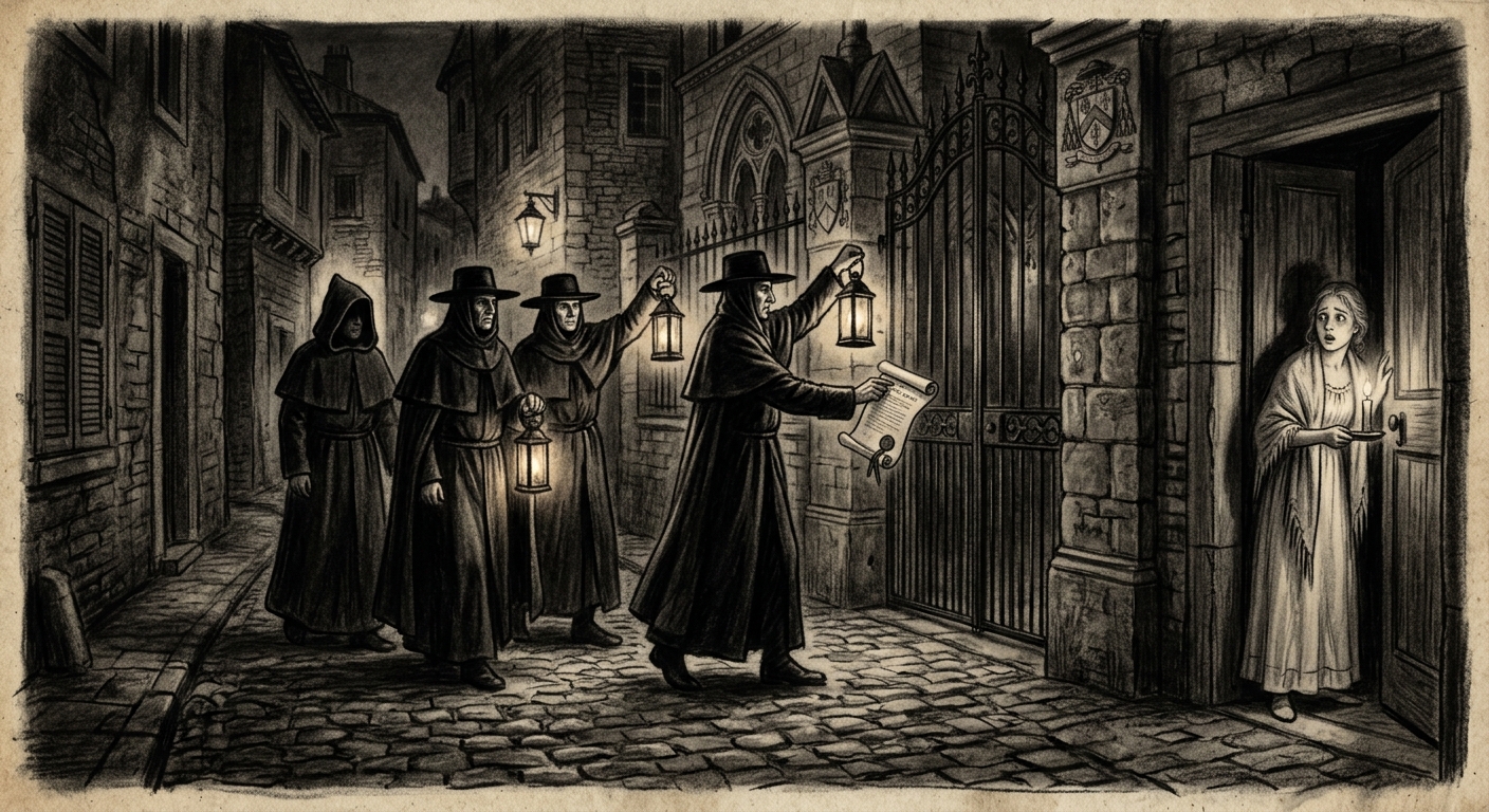Black-cowled Kratz clerks arriving at a bishop's gate at night during the Night of Black Decrees