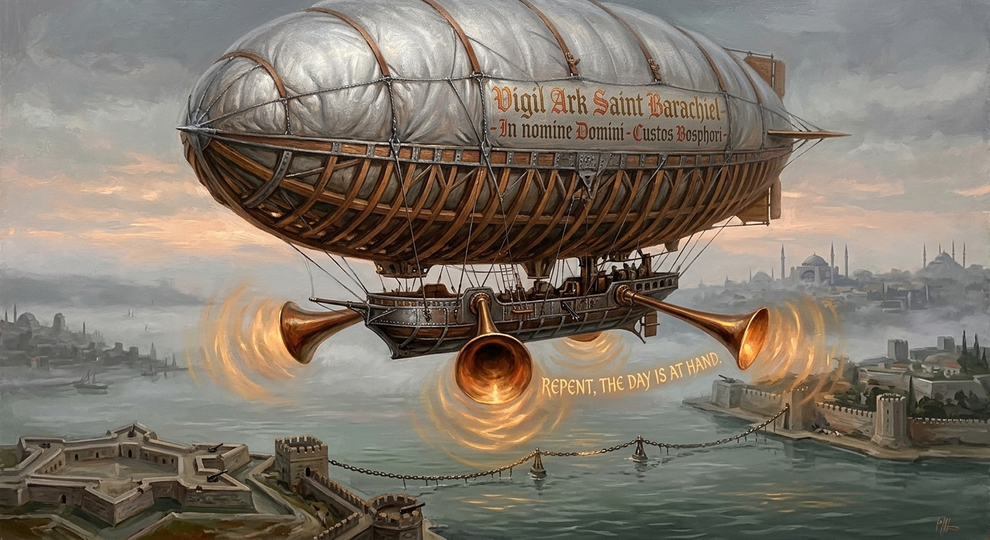 The Vigil Ark Saint Barachiel on dawn patrol above the Bosphorus Strait, four Sermon-horns blazing scripture, Constantinople chain-booms far below