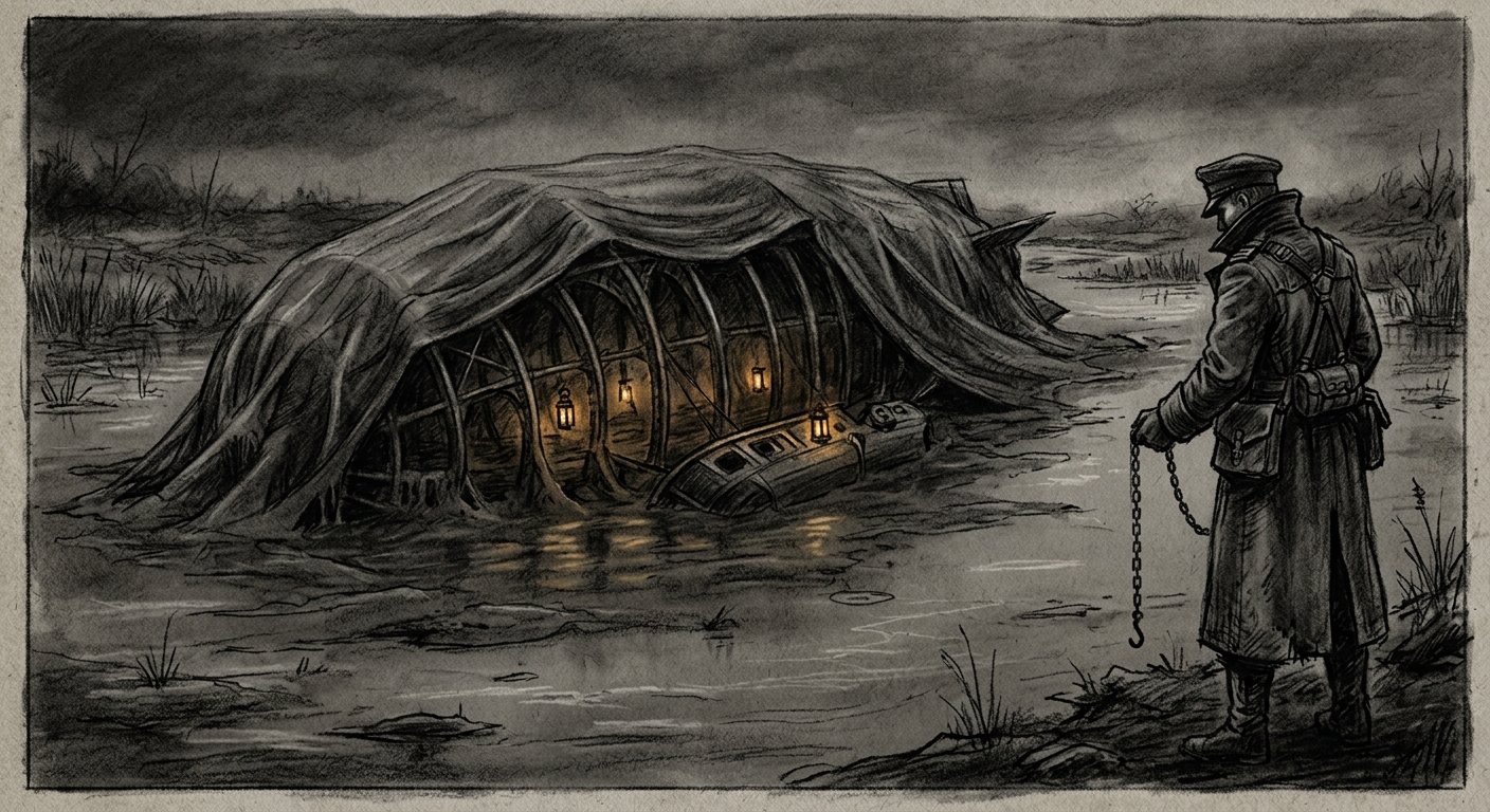The wreck of the Sanctissima Vox beneath the Blightmarsh grey mud, relic-lanterns still glowing cold beneath the surface