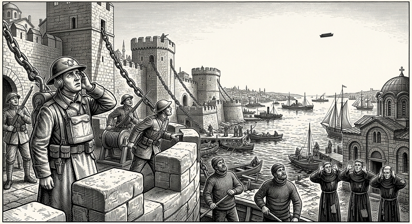Soldiers and civilians on the Constantinople chain-boom ramparts, faces upturned toward the Ark during the Broadcast, expressions of stunned recognition