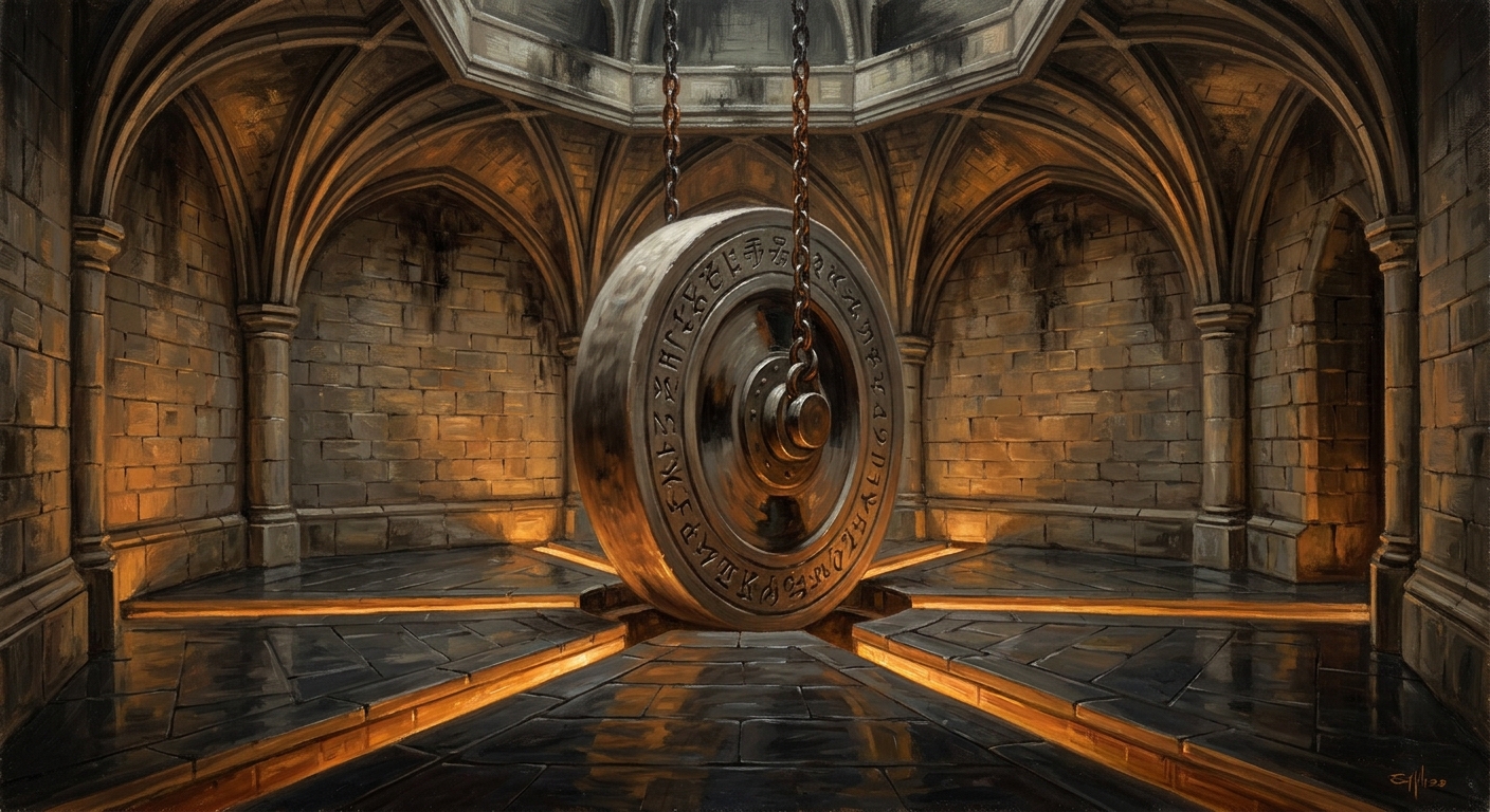 The hexagonal Grindstone chamber beneath Gate Nine, the vertical wheel suspended on dark chains above a basalt floor, six channels glowing amber