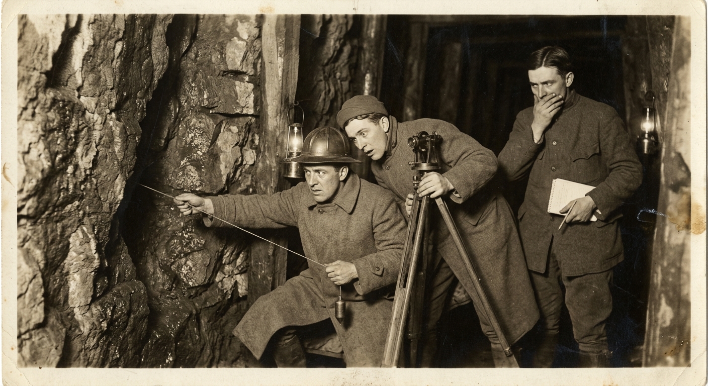 Bureau of Engineering survey team at the drill-breach, one man holding a plumb-line taut at an impossible sideways angle