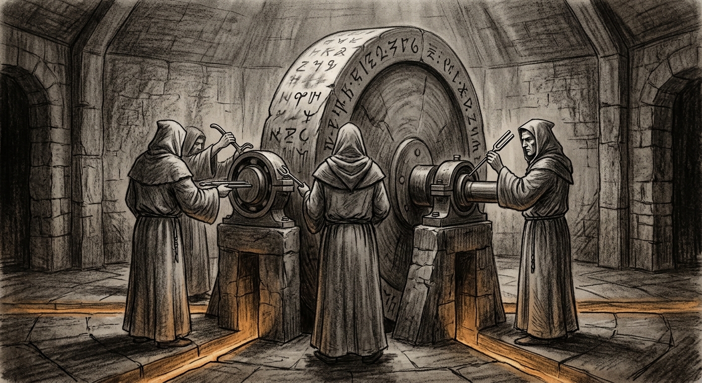 Three grey-robed maintainers calibrating the Grindstone axle with tuning-fork instruments, their backs to the viewer, the wheel rim's inscriptions visibly changing
