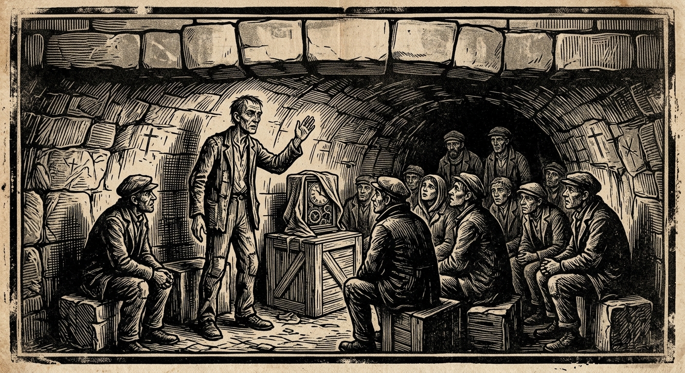 Brother Senn preaching in a culvert-chapel beneath the Queue Road, a forbidden clock in oilcloth beside him, Gate Nine foundation stones above