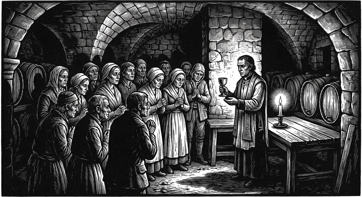 Cellar congregation in 18th-century stone basement, candlelit communion