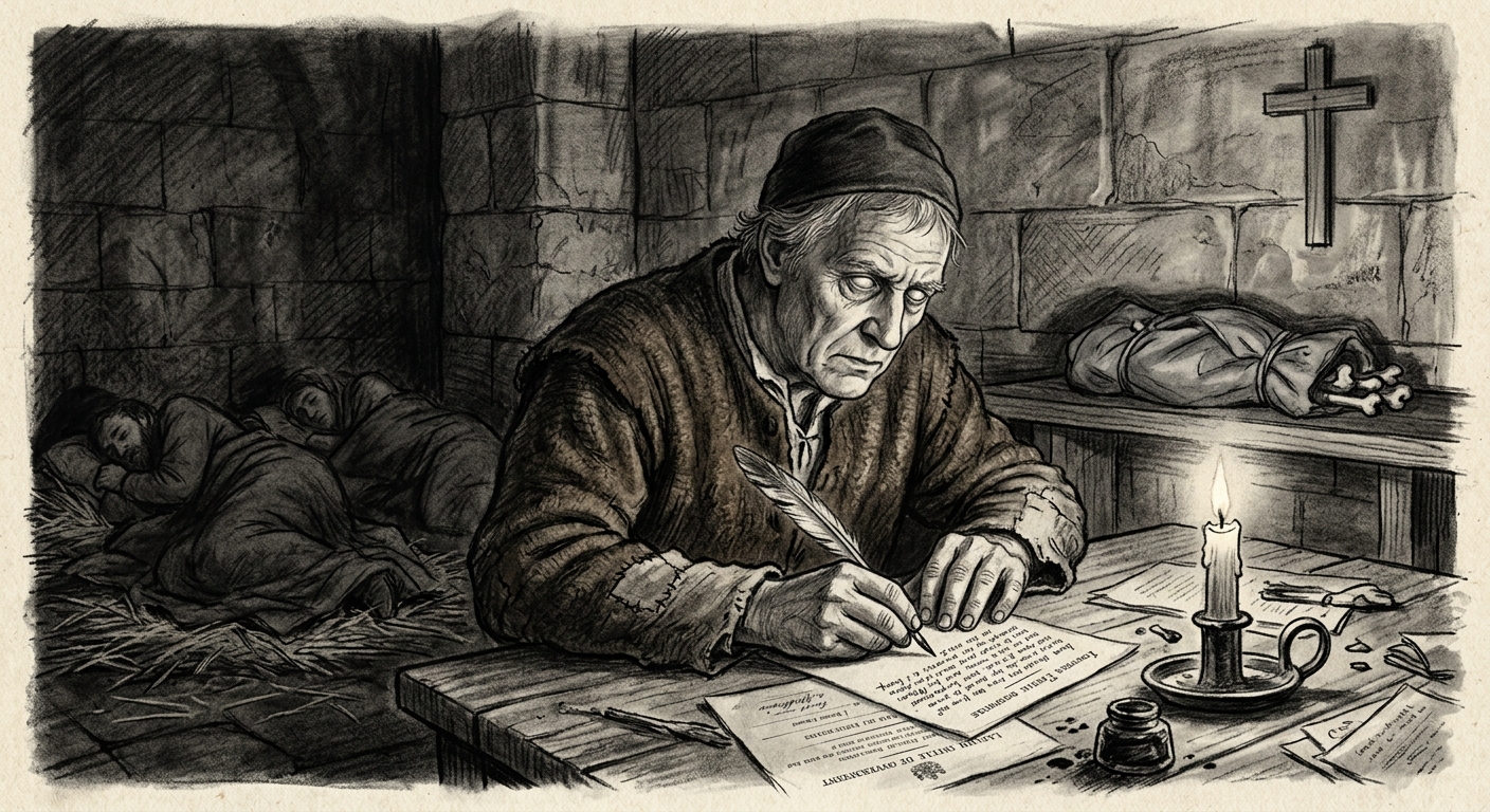 Father Wernher writing his journal by tallow-light in the Cologne cellar