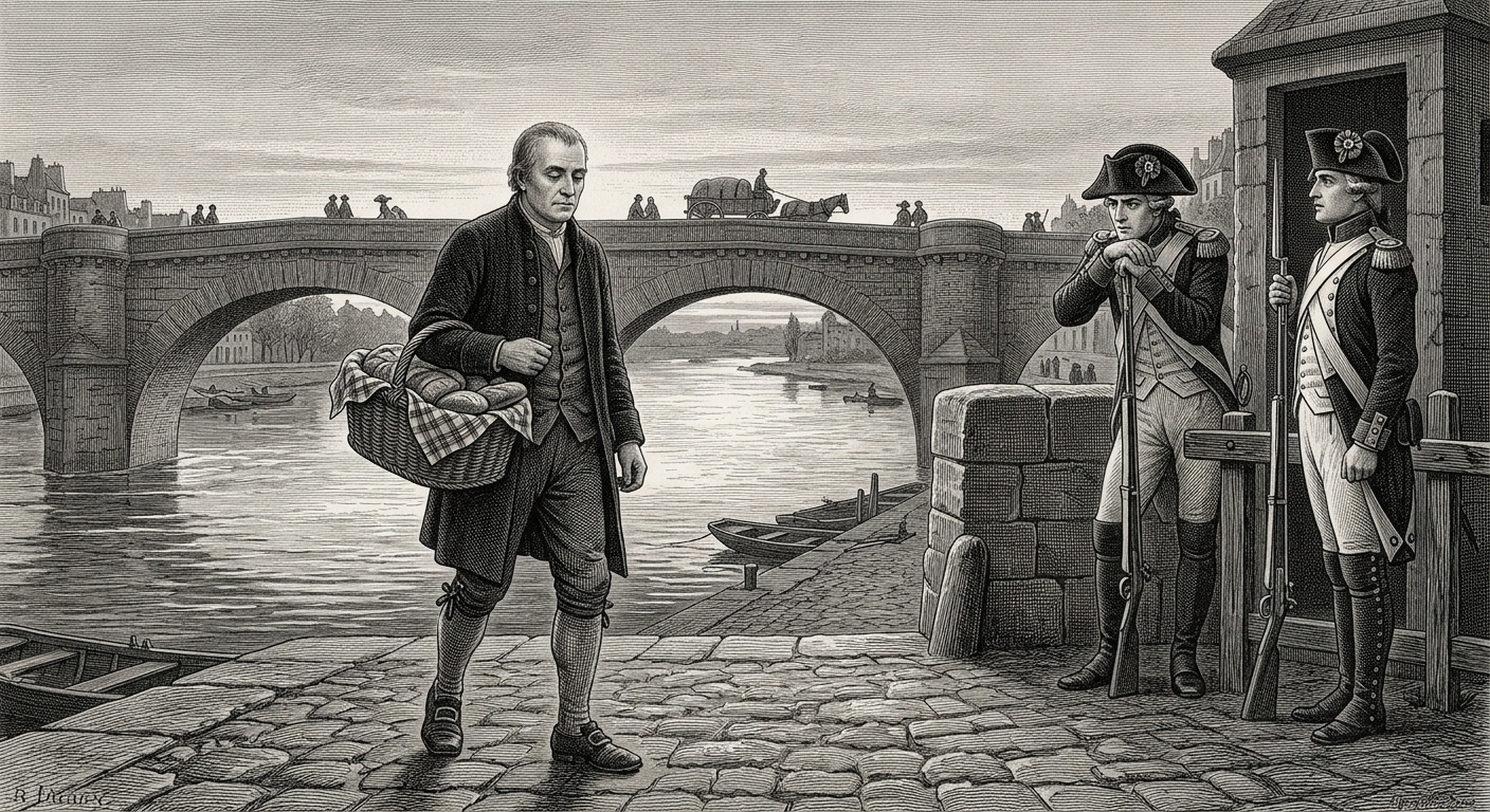 Father Ignatius crossing the Rhine past Republican Guards with a breadbasket of relics