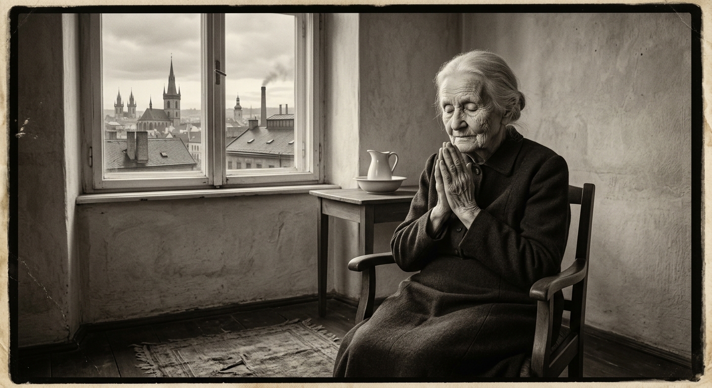 Hilde Voss, last survivor of the Cellar Saints, in her Strasbourg hospice room, A.S. 130