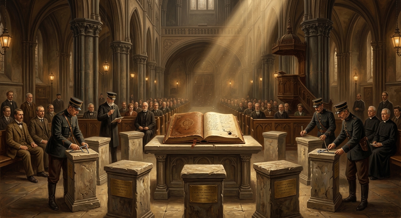 A vast cathedral nave with seven empty stone pedestals arranged in a circle around a stamped ledger, Bureau officials in Victorian frock coats measuring the empty plinths as light falls from above.