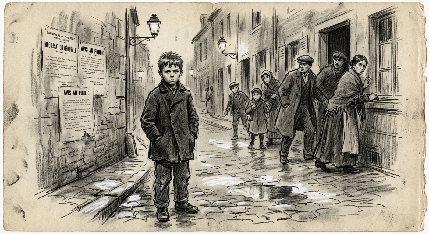 A charcoal field sketch of a pale child standing alone on wet cobblestones as villagers retreat into doorways, gas lamps reflected on the rain-slicked street.