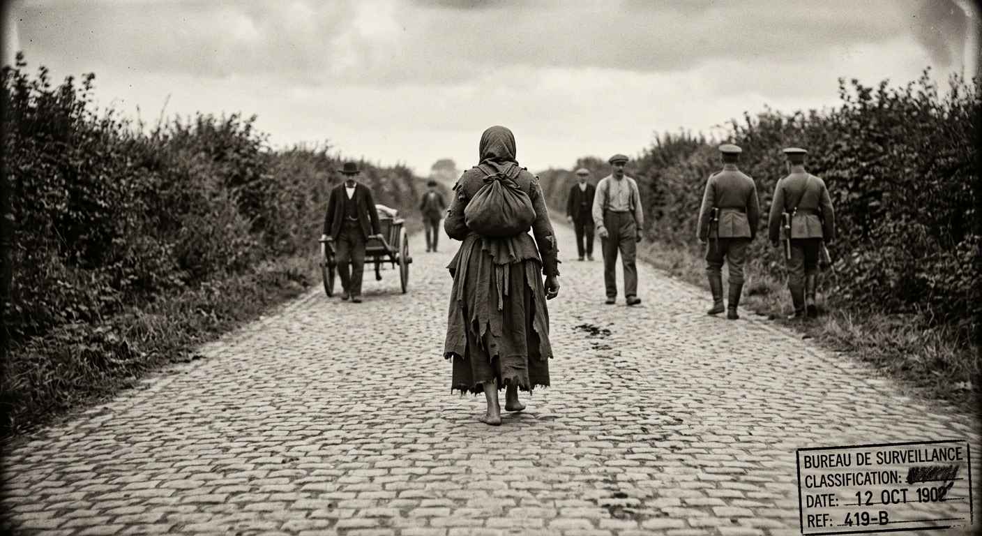 A sepia surveillance photograph of an elderly woman in rags walking steadfastly along a European road, other travelers parting around her without acknowledgment.