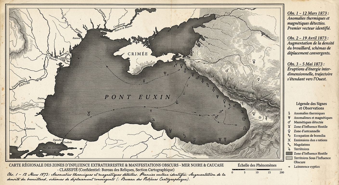 A steel engraving showing the Black Sea from above, with three annotated observation marks along the eastern fog-shrouded shore and marginal notes indicating non-hostile movement.