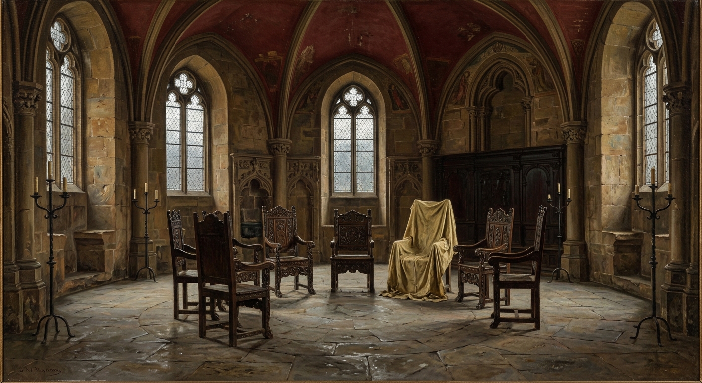 The Inner Circle of Strasbourg — seven carved chairs in a circle, one draped in yellowed white cloth