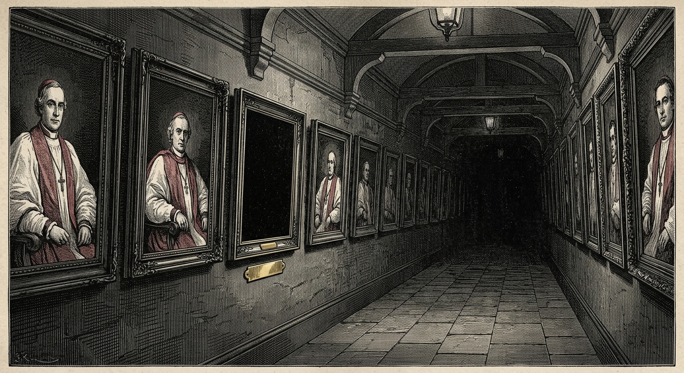 The Hall of Succession — a portrait corridor with one frame painted over in solid black