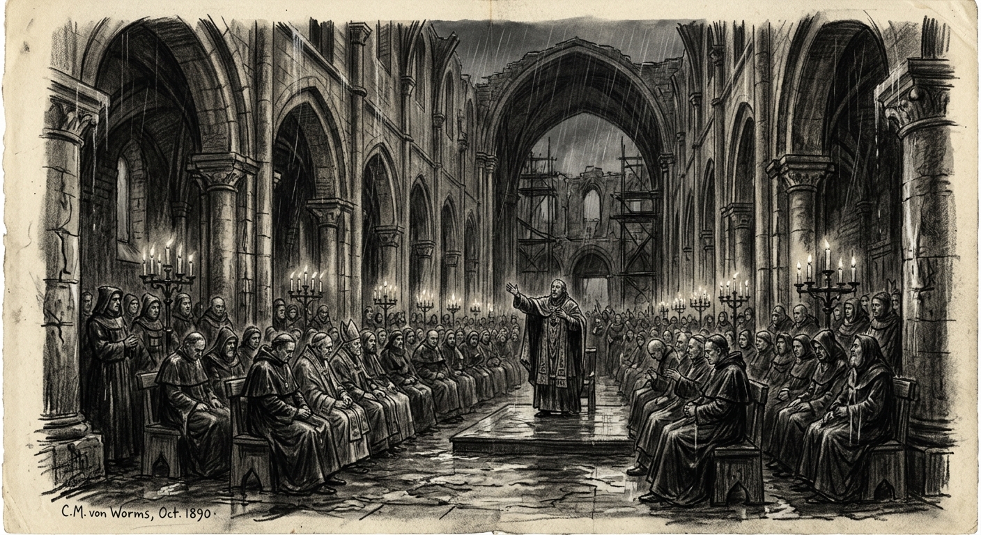 The Council of Worms — 314 bishops seated in a roofless cathedral as rain falls through the unfinished vault