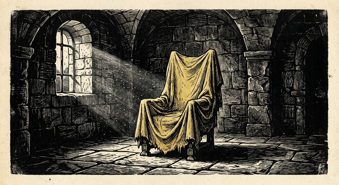 A single high-backed chair draped entirely in yellowed cloth, in an empty stone chamber