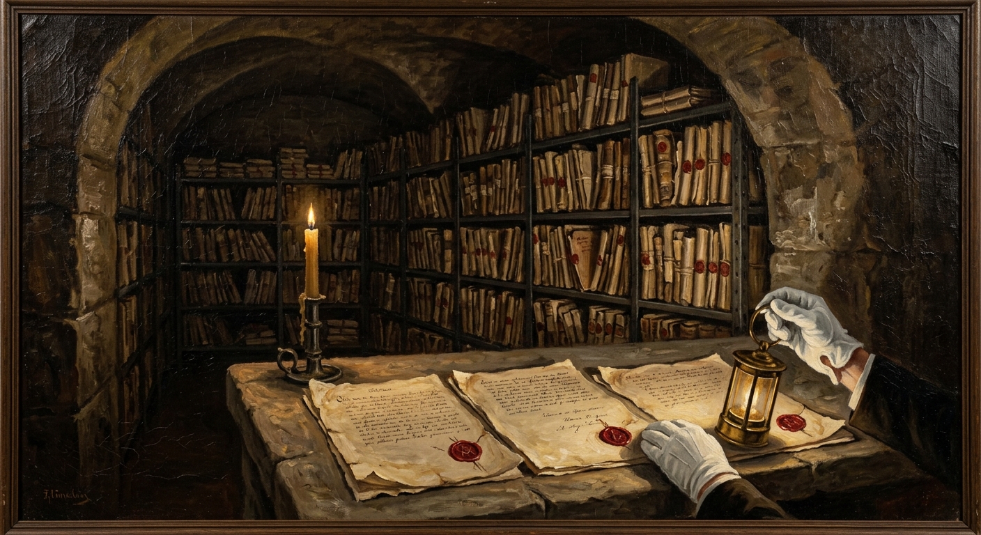 The three original Concordats of Ulm in the Forbidden Stacks — yellowed vellum under glass, crimson wax seals intact, Bureau seals on the vault door