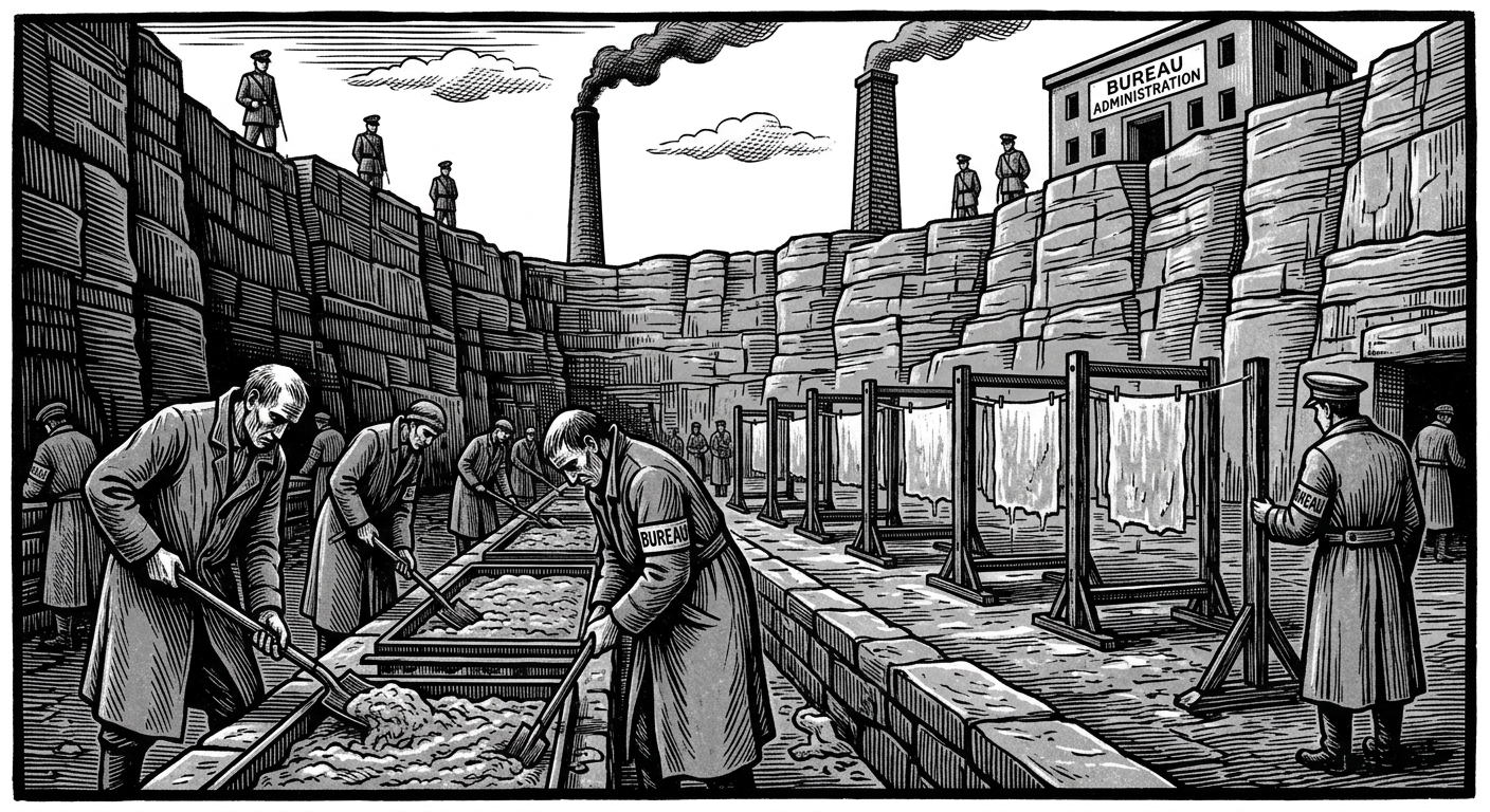 The Paper Mines of Ulm — condemned scholars in grey greatcoats working stone quarry channels, Bureau guards on the rim, pulp vats and press-frames