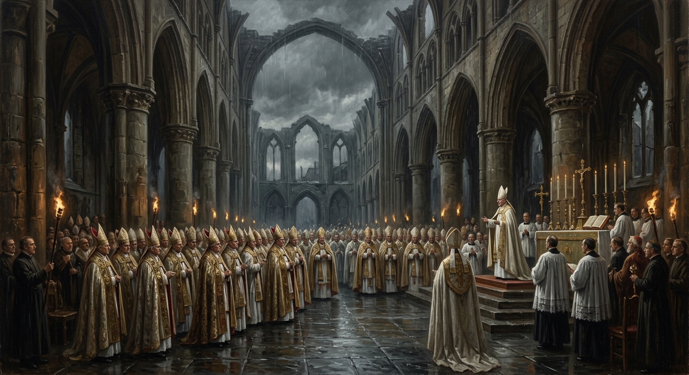 Three hundred bishops assembled in the roofless nave of Worms Cathedral as rain falls through the open vault, A.S. 87