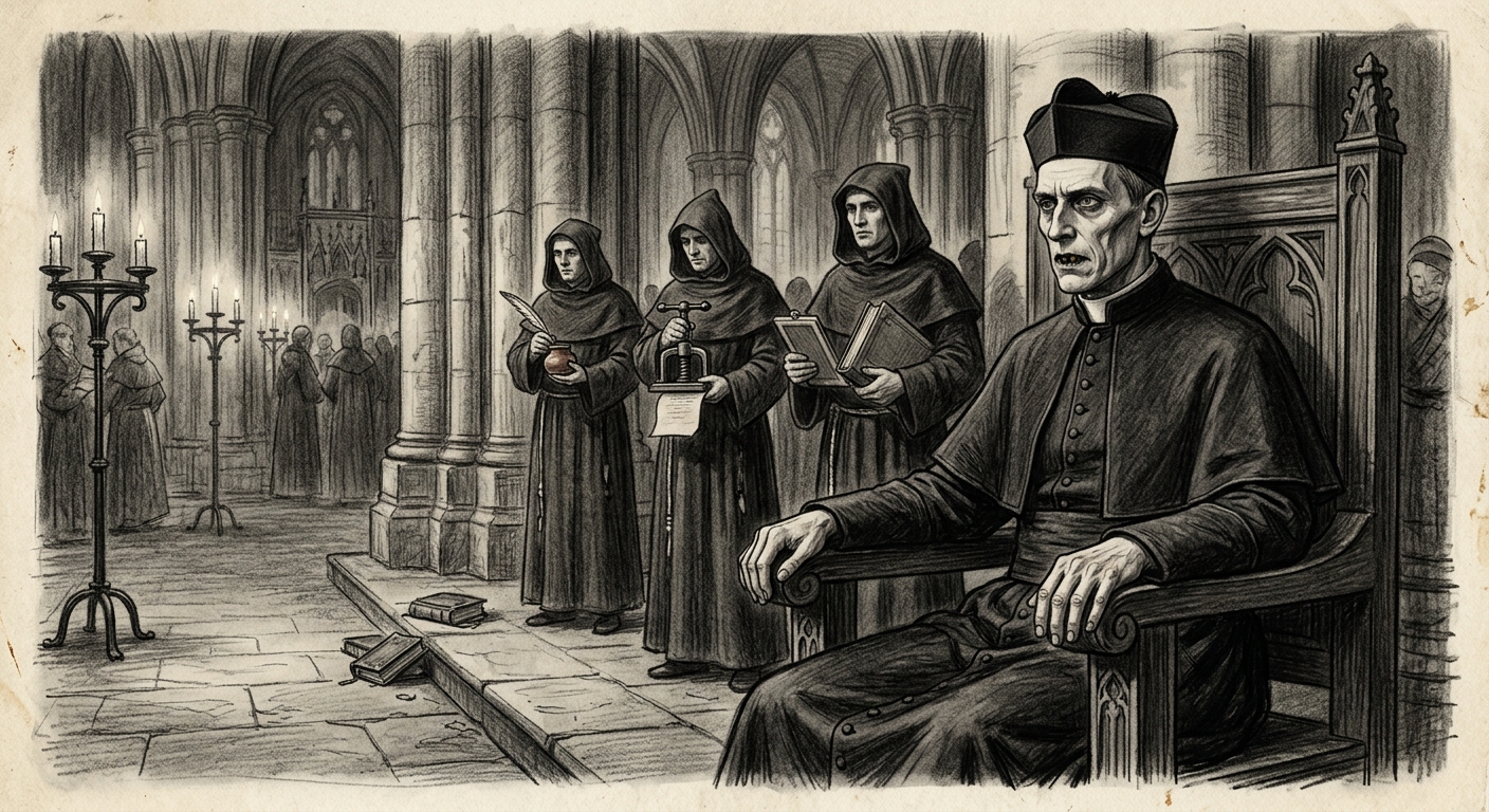 Cardinal Kratz seated in his oak chair at the edge of the cathedral aisle, black-cowled notaries ranged behind him