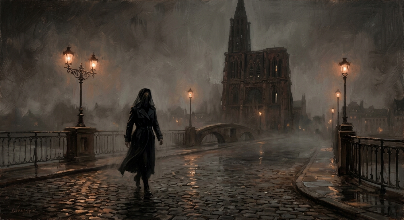 A Custodian of the Bureau of Shadows in black gauze veil crosses a frost-covered stone bridge in Strasbourg at midnight, lanterns casting amber pools on frozen cobblestones, the cathedral tower looming in fog behind