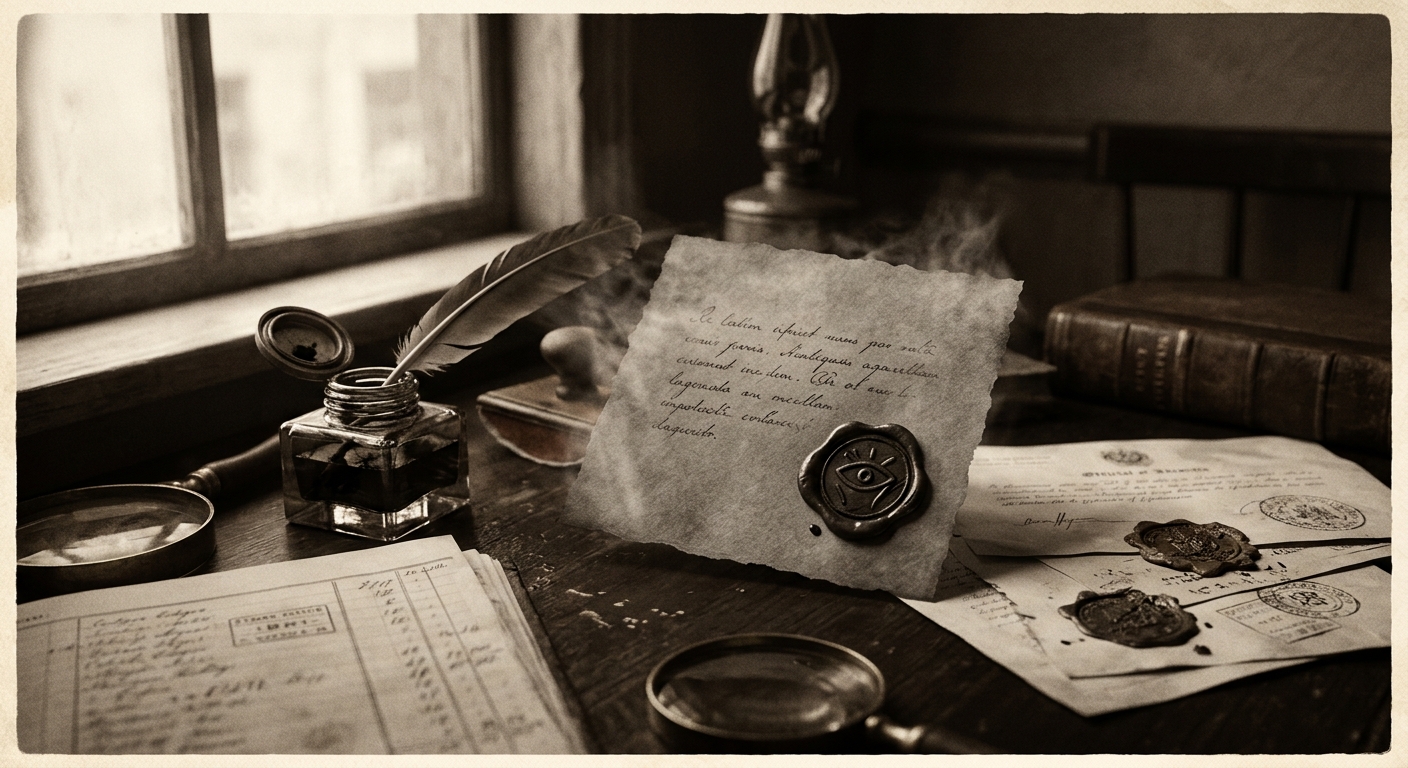 A blank sheet of vellum on a bare stone desk sealed with grave-dust grey wax bearing only the impression of a thumb, a single oil lamp burning low, darkness pooling at the edges