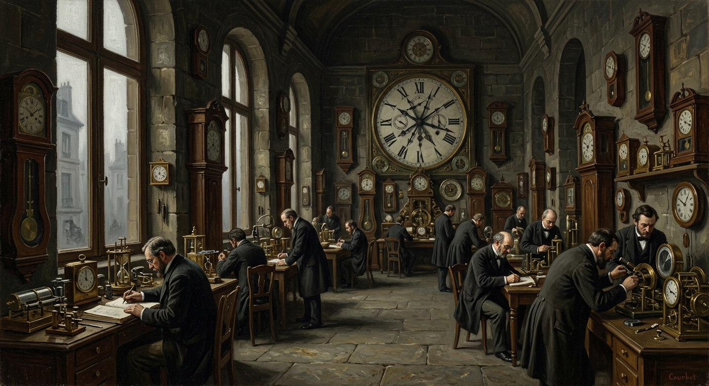 Oil painting of the Bureau of the Hourglass headquarters in Lyon — a vast hall of clocks, analysts in frock coats bent over brass instruments, fog pressing against tall windows, one great clock on the far wall with fractured overlapping hands.