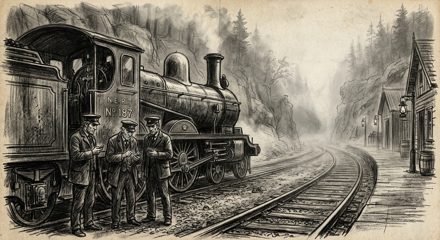 Charcoal sketch of a Victorian steam locomotive halted at a foggy mountain waystation, three railwaymen checking pocket watches with expressions of disturbed confusion.