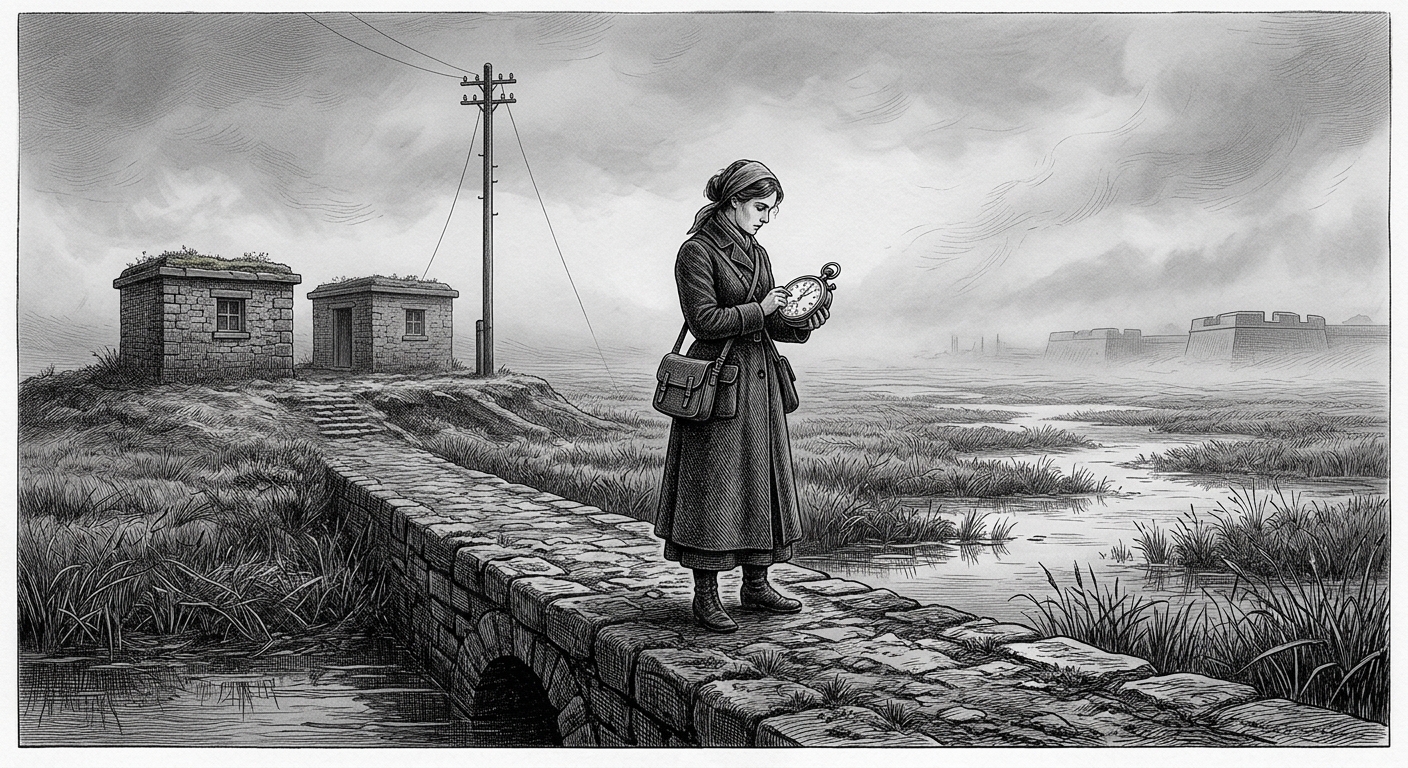 Steel engraving of a woman in Victorian field dress standing on a marsh causeway, holding a precision chronometer, surrounded by instrument sheds and telegraph masts, fog in all directions.