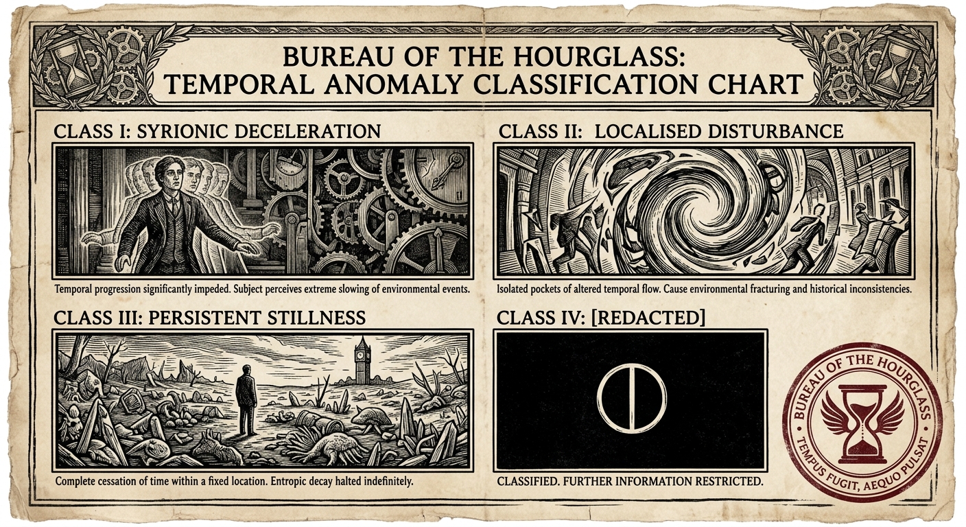 Woodcut print of the Bureau of the Hourglass classification chart on aged parchment, showing Classes I through IV, with Class IV rendered as a black box containing a circle bisected by a vertical line.