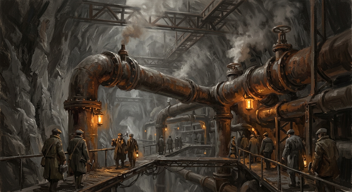 The great resonance tunnels of Bastion-Irongate — cathedral-scale gasket pipes running along basalt walls, amber industrial light at the junctions, workers in WWI greatcoats on the gantry walkways below
