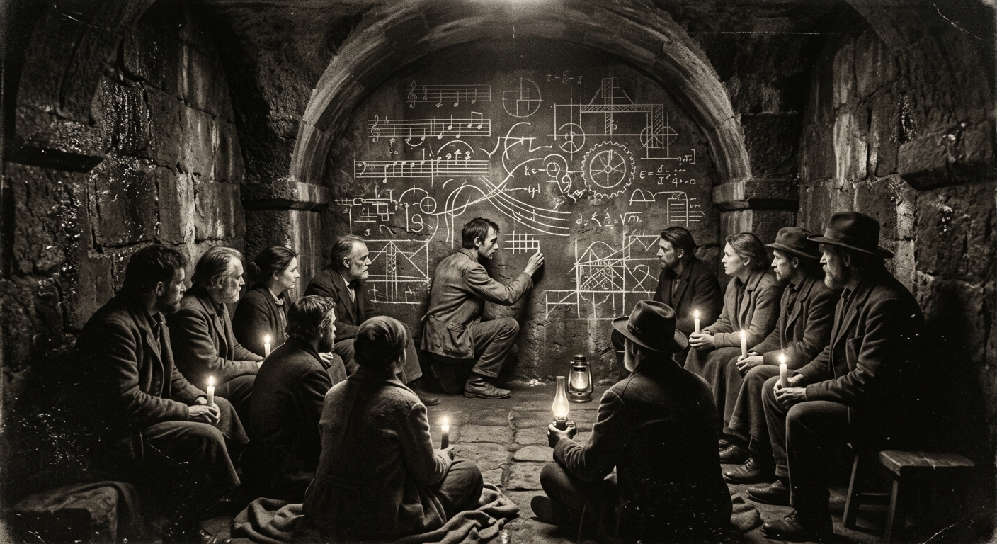 An aphonic leader draws harmonic diagrams in chalk on a sub-grade alcove wall while a dozen disciples sit in silence around candles and gasket-grease lamps in a basalt corridor beneath the fortress