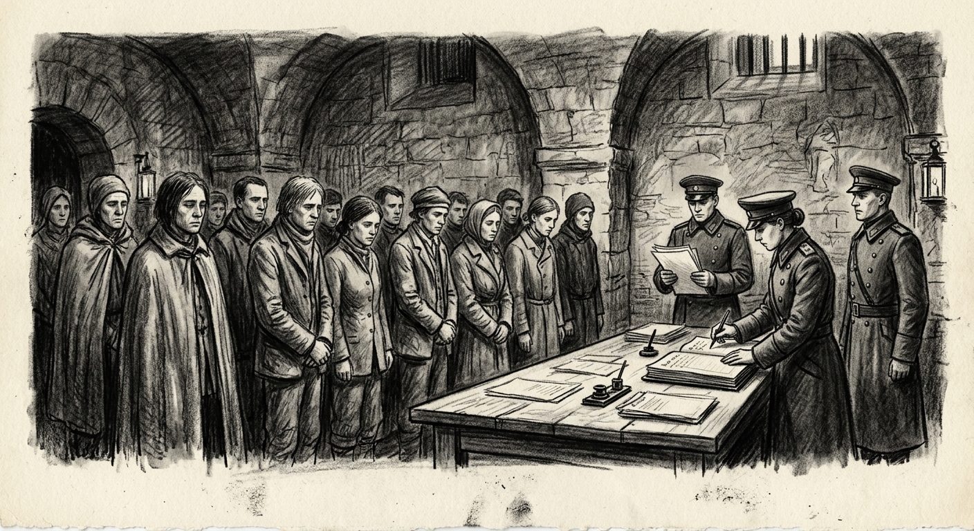 Twelve individuals stand before Bureau of Purity clerks in military coats in a cold stone anteroom — a formal silencing proceeding, one clerk writing in a ledger, the room utterly silent