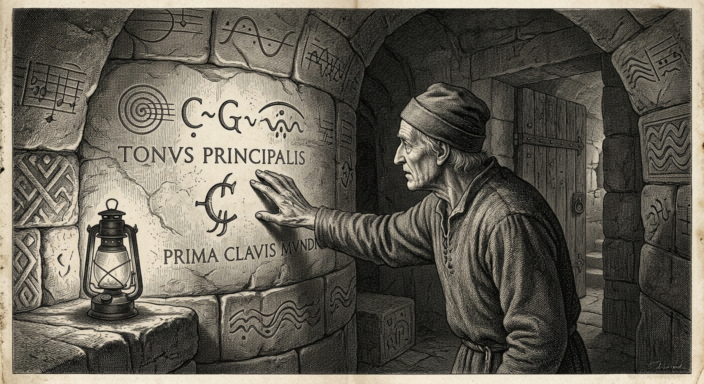 A hidden alcove deep beneath fortress foundations, stone walls carved with ancient acoustic notation — wave patterns predating the Choir Magistracy — one lantern burning, a scholar's hand almost touching the original key carved into the curved wall