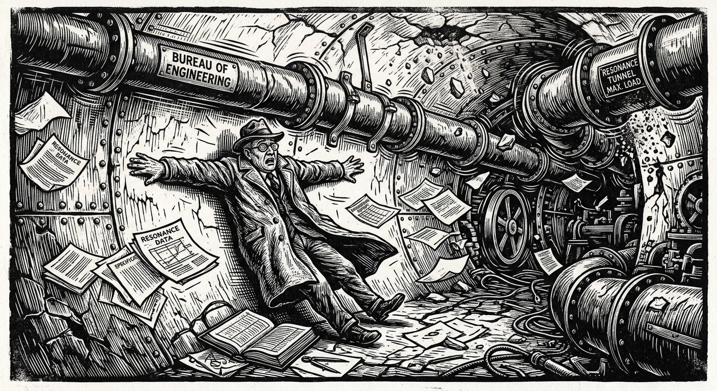 A Bureau of Engineering commissioner in a long coat pressed flat against a resonance tunnel wall, papers flying, as the massive iron gasket pipes shake violently and mortar dust falls from the ceiling